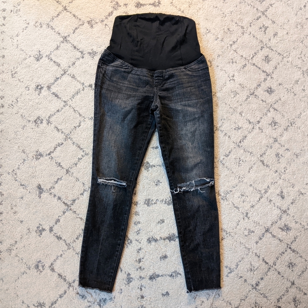 Isabel Maternity High-Rise Crossover Panel Destroyed Jeans / Washed Black